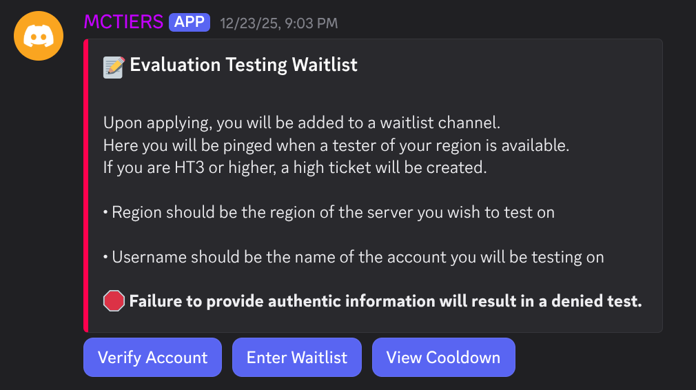 The MCTIERS bot waitlist embed with Verify Account and Enter Waitlist buttons